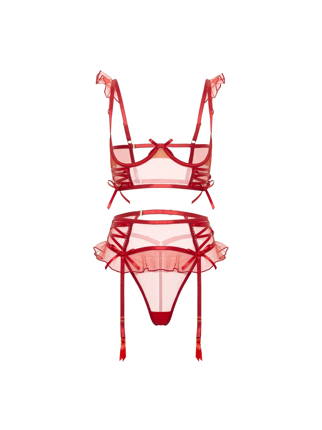 Oh la la Cheri Darcy Sheer Tulle Open Cup Bra Set Red