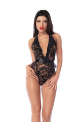 Mapale Daring Sheer Lace Plunge Bodysuit with Cuffs