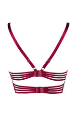 Dark Raspberry longline bra with butterfly winged band, claret eyelash lace, and frayed ends.