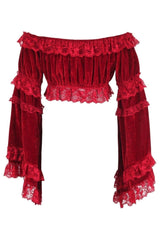 Daisy Corsets Dark Red Velvet Smocked Flare Sleeve Peasant Top