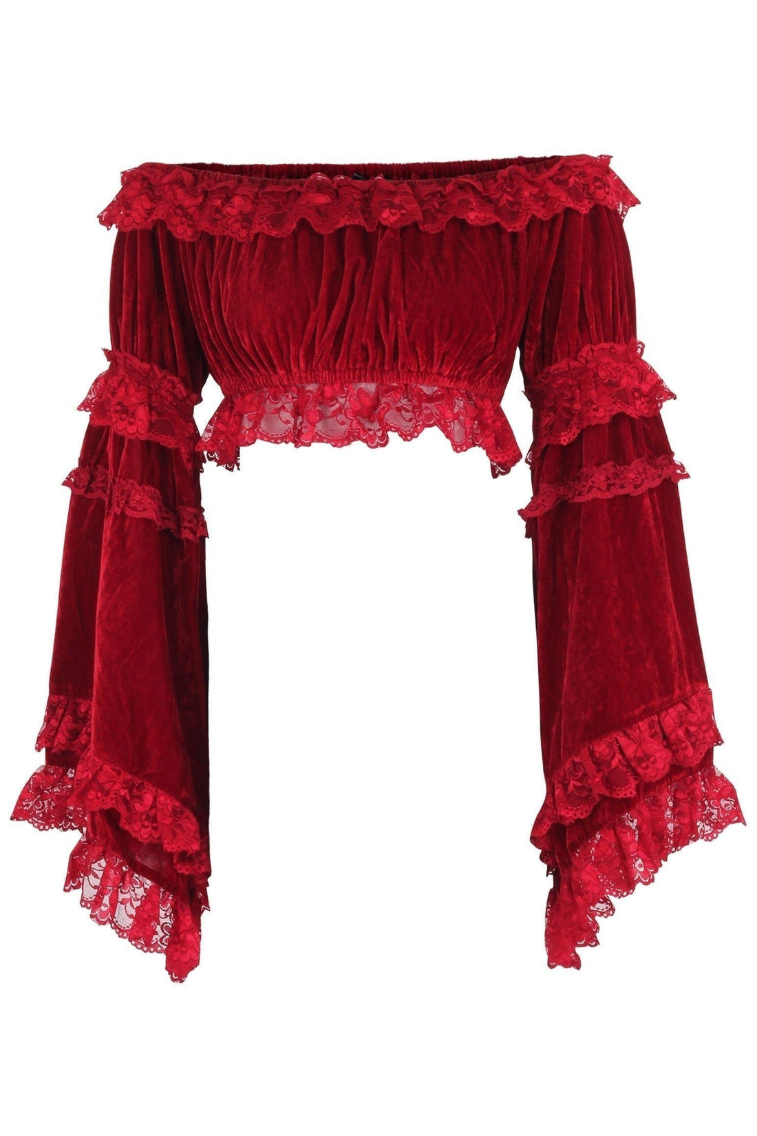 Daisy Corsets Dark Red Velvet Smocked Flare Sleeve Peasant Top