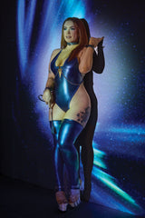 Coquette Darque Blue Metallic Plunging Halter Chain Teddy