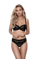 Stunning woman in Axami Deco Shimmer black bra and thong set with delicate tulle and bows.