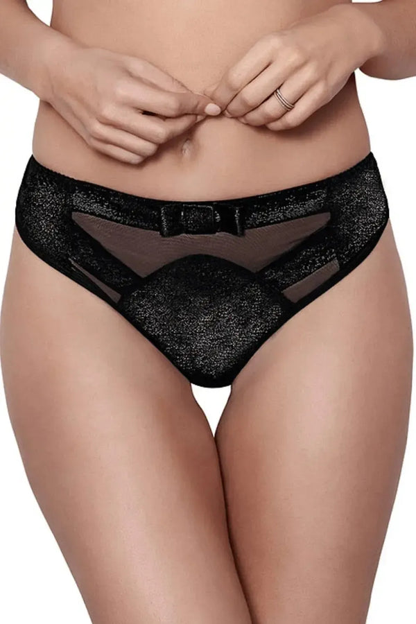 Deco Shimmer Thong: black shimmering material, delicate tulle, and a charming big bow.