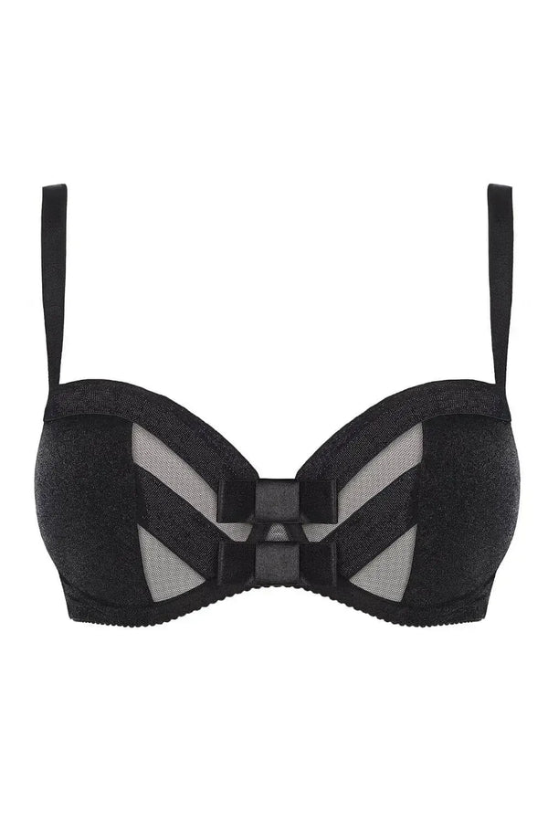 Axami Deco Shimmer Unlined Bra: black shimmering material, delicate tulle, shiny straps, and big bows.