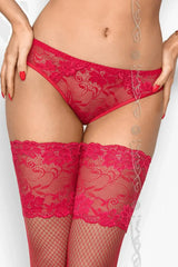 Red Axami Deja Vu lace ouvert bikini briefs with matching lace-top fishnet stockings.