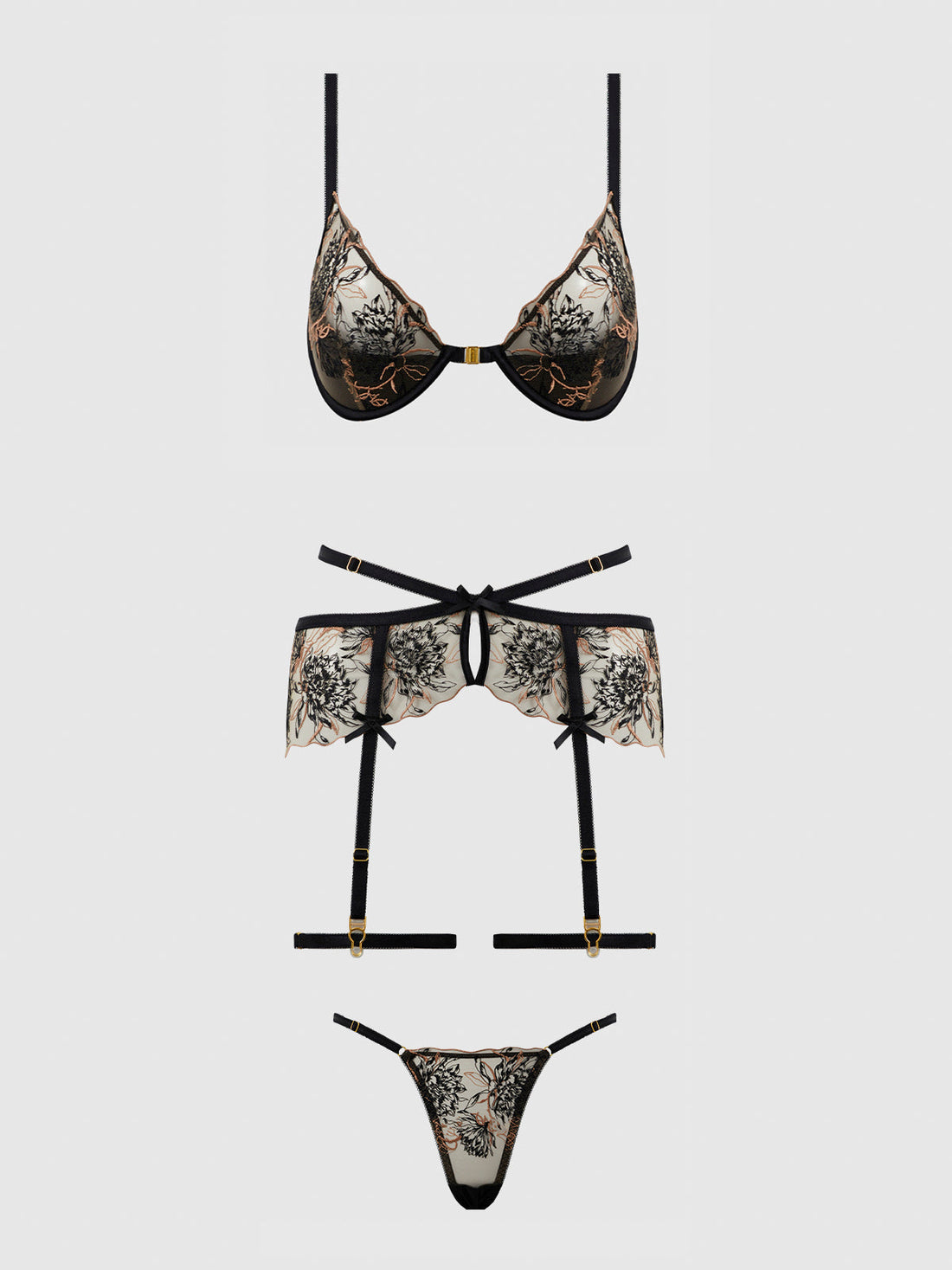 Delilah Embroidered Push-up Bra Set Black/Taupe