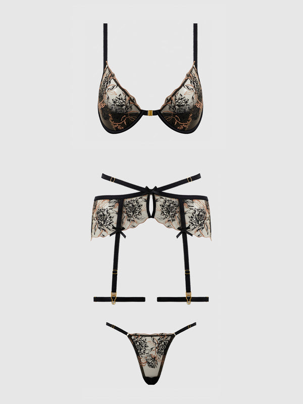House of Desire Delilah Embroidered Push-up Bra Set Black/Taupe