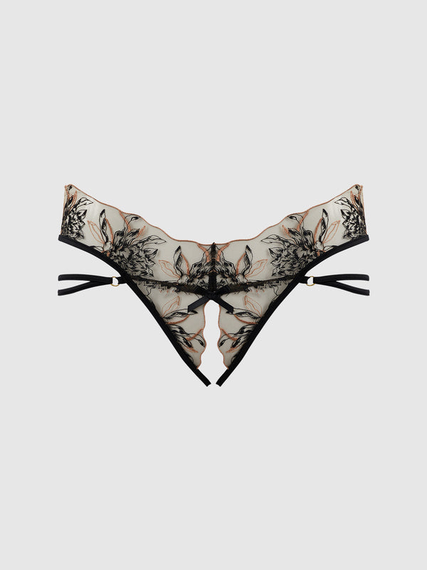 House of Desire Delilah Embroidered Sheer Hipster Ouvert Panty Black/Taupe