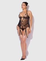 House of Desire Queen Delilah Embroidered Sheer Teddy Black/Taupe