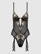 Delilah Embroidered Sheer Teddy Black/Taupe