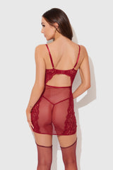 House of Desire Queen Dezi Lace & Chain Chemise Set Rhubarb