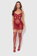 House of Desire Queen Dezi Lace & Chain Chemise Set Rhubarb