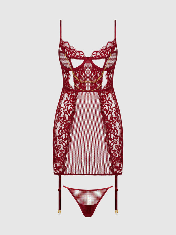 House of Desire Dezi Lace & Chain Chemise Set Rhubarb