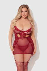 House of Desire Queen Dezi Lace & Chain Chemise Set Rhubarb