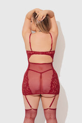 House of Desire Queen Dezi Lace & Chain Chemise Set Rhubarb