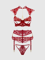 Dezi Lace & Chain Open Cup Bra Set Rhubarb