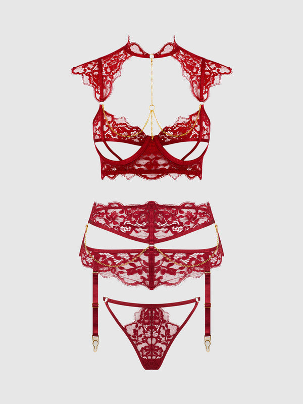 House of Desire Dezi Lace & Chain Open Cup Bra Set Rhubarb