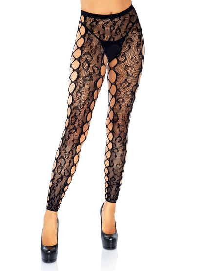 Leg Avenue Footless Leopard Lace Crotchless Tights - Black