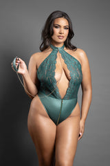 Fantasy Lingerie Domina Keyhole Halter Teddy & Leash Set