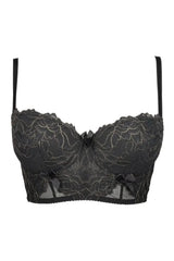 Black lace Dorado bustier push-up bra with gold embroidery, delicate bows, and removable straps.