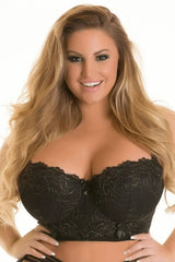Plus size model in a black lace Dorado Bustier Push-up Bra with gold embroidery and sensual corset styling.