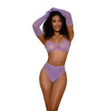 Dreamgirl Lace Bralette Panty and Gloves Set - One Size - Lilac