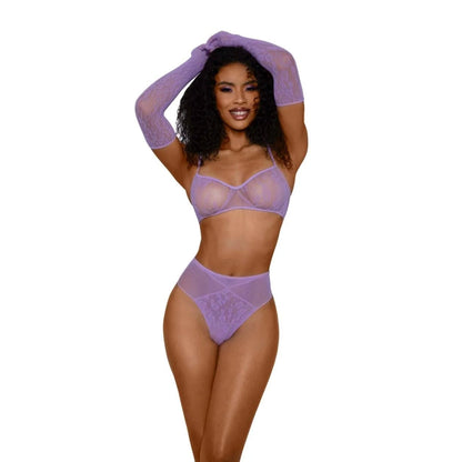 Dreamgirl Lace Bralette Panty and Gloves Set - One Size - Lilac