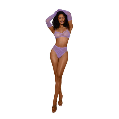 Dreamgirl Lace Bralette Panty and Gloves Set - One Size - Lilac