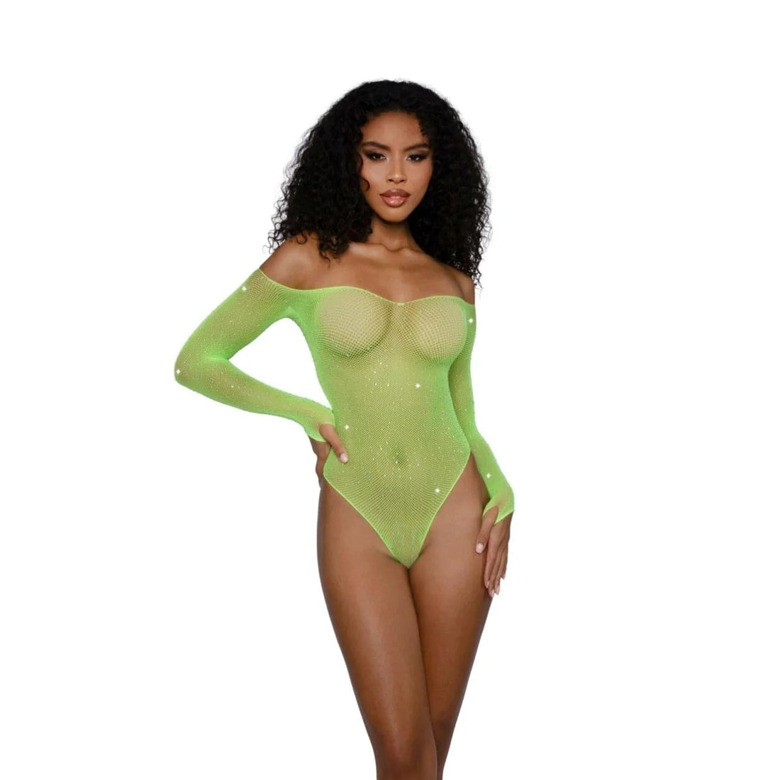 Dreamgirl Rhinestone Off Shoulder Bodystocking - One Size - Neon Lime