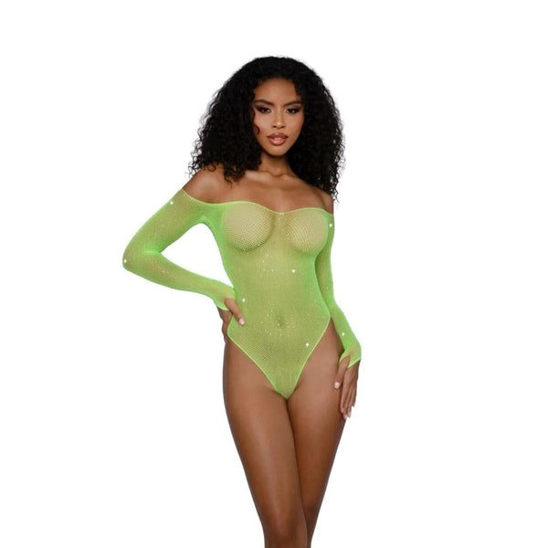 Dreamgirl Rhinestone Off Shoulder Bodystocking - One Size - Neon Lime