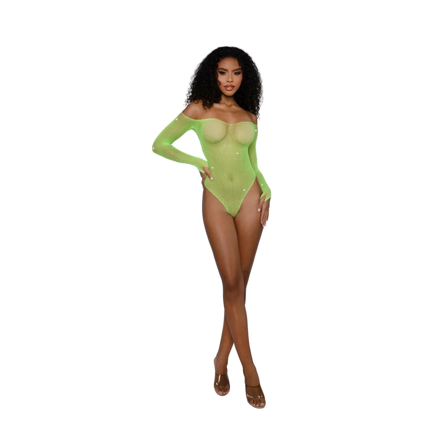 Dreamgirl Rhinestone Off Shoulder Bodystocking - One Size - Neon Lime