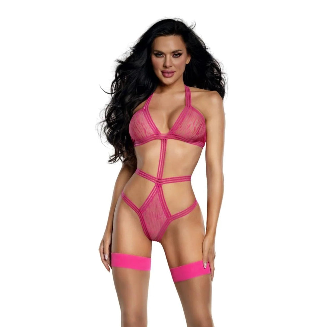 Dreamgirl Neon Pink Tiger Mesh Playsuit - One Size