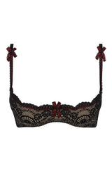 Captivating Axami Dreamscape black lace open cup shelf bra with red bows and underwire.