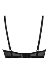 Axami Dreamscape black lace open cup shelf bra, back view, with adjustable straps and hook-and-eye closure.