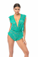 Mapale Dreamy Lace Romper Bodysuit Flirty Ruffle Trim