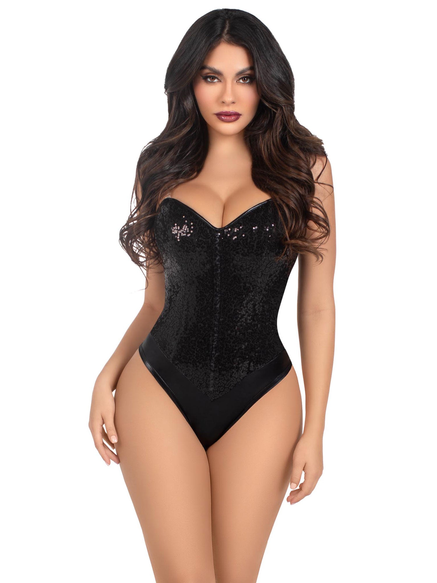 Leg Avenue Black Sequin Boned Bodysuit w/ Detachable Clear Straps