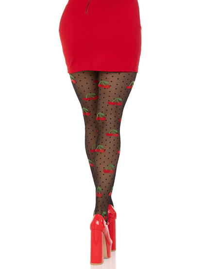 Leg Avenue Polka Dot Cherry Tights - One Size - Black