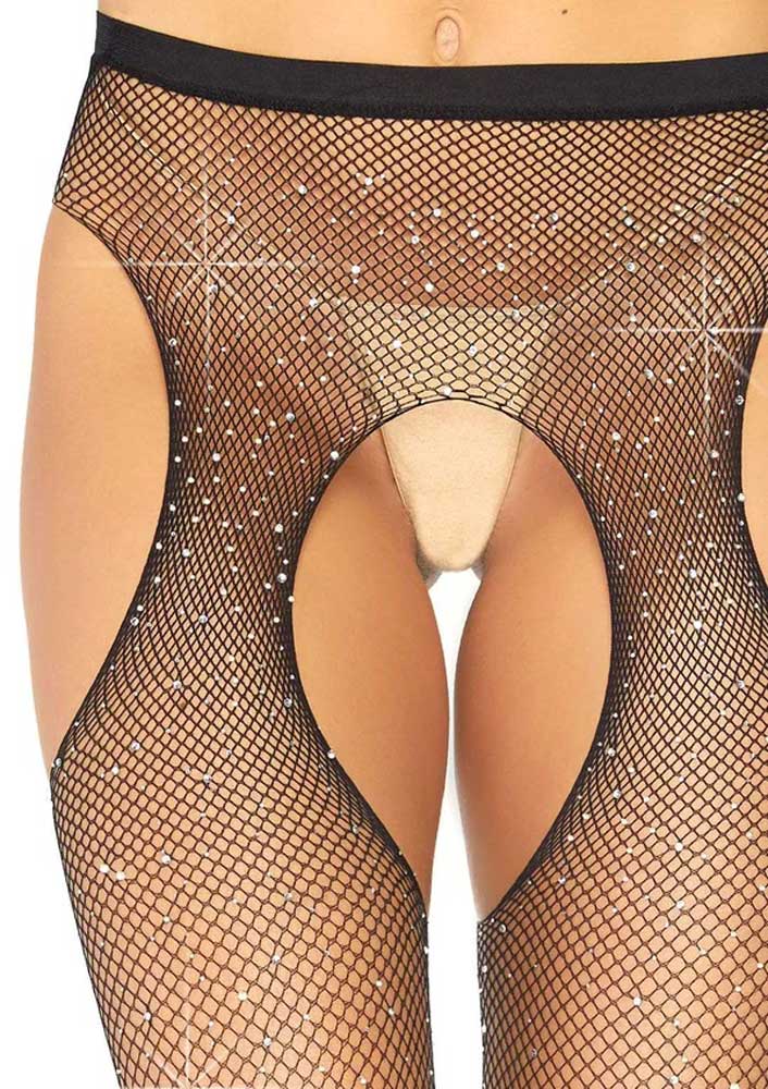 Leg Avenue Casey Rhinestone Fishnet Suspender Pantyhose - One Size - Black