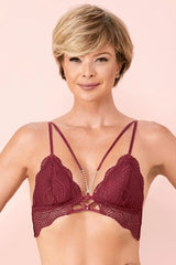 Burgundy lace triangle bra with rhinestone appliqué, strappy detail, and wide lace band for a stunning look.