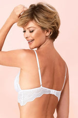 White lace triangle bra with rhinestone appliqué, adjustable straps, and wide inverted "V" lace band.
