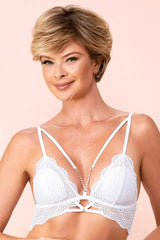White lace triangle bra with rhinestone appliqué, strappy detail, and wide lace band.