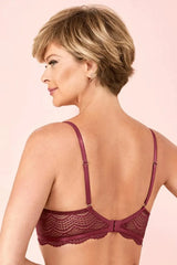 Burgundy sheer lace unlined bra with delicate straps, elastic details, and adjustable closure.