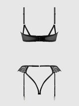 House of Desire Queen Eden Embroidered Lace Bra and Backless Hipster Set Black