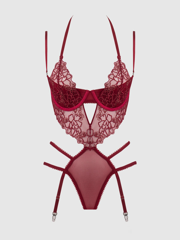 House of Desire Eden Embroidered Lace Gartered Teddy