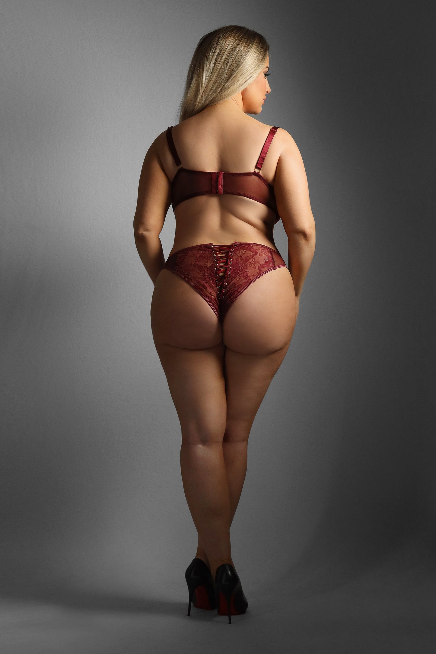 Fantasy Edge Queen Lace-up Balconette Bra Crotchless Panty Set Burgundy-Rebel Romance