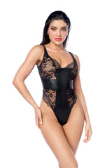 Mapale Edgy Bodysuit Blends Sheer Lace with Bold Faux Leather Black