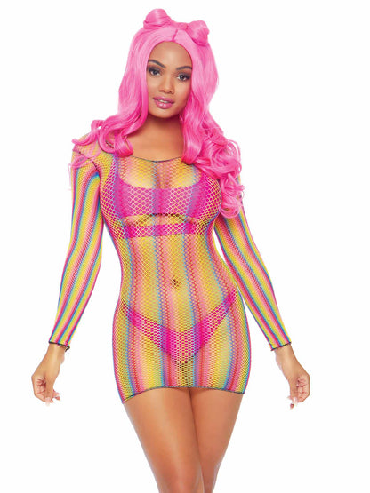 Leg Avenue Rainbow Fishnet Long Sleeved Mini Dress - One Size - Multicolor