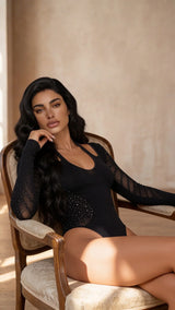 BeWicked Elody Bodysuit Rhinestone Embellishments Striped Mesh Contrast