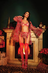 Coquette Embroidered Tulle Bra Set w/Ruffled Trim, Garter Belt & G-String